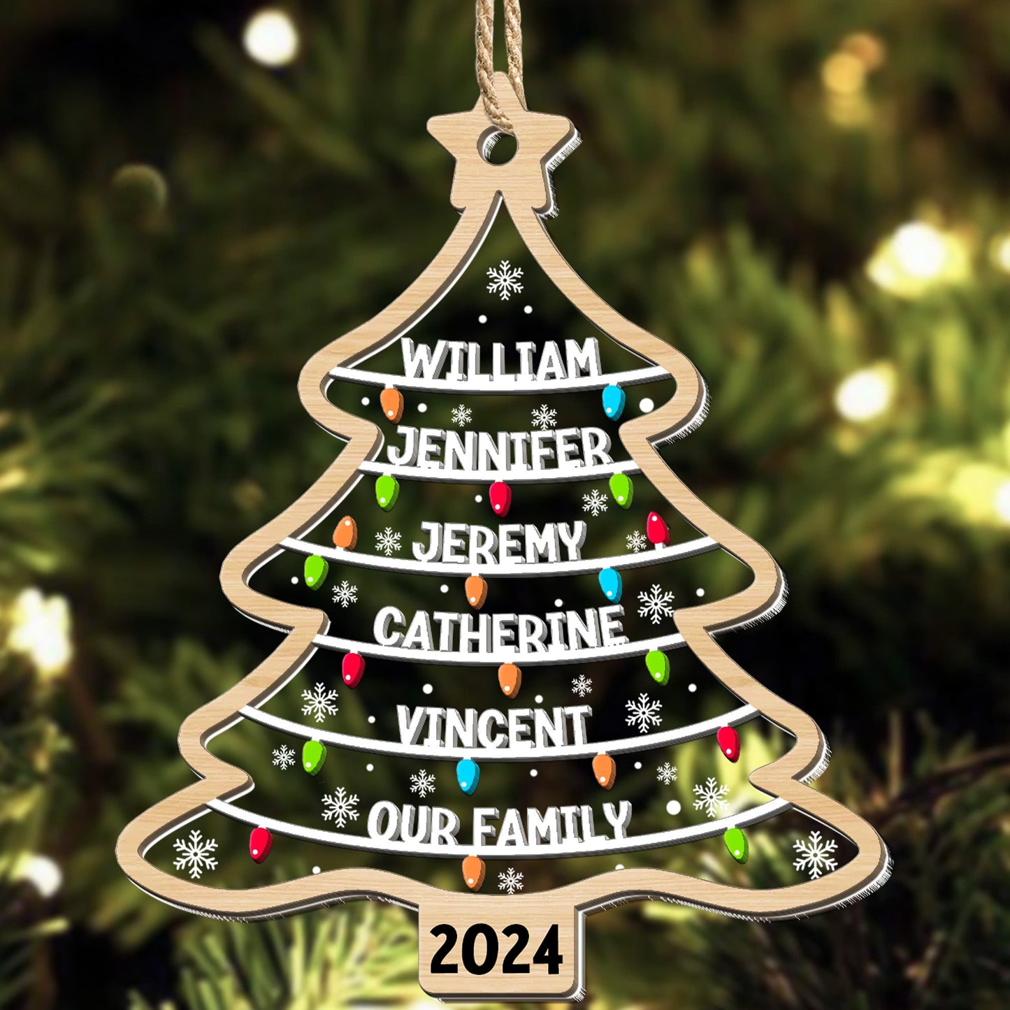 Custom Family Names Christmas Tree - Personalized Wood And Acrylic Ornament