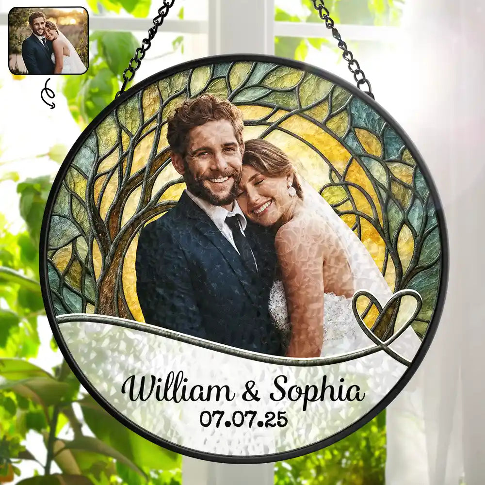 Personalized Stained Glass Window Suncatcher for Couples with personalized design details for meaningful gifting
