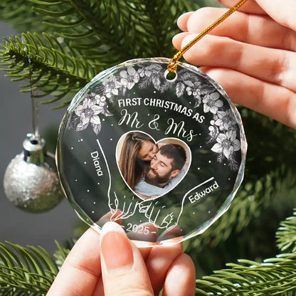 Custom Photo First Christmas Married Glass Ornament personalization view for Couples