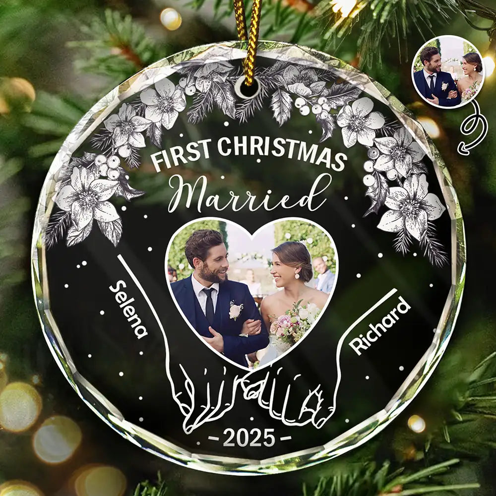 Custom Photo First Christmas Married Glass Ornament for Couples