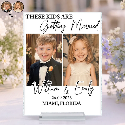 Custom engagement acrylic plaque gift featuring funny childhood couple photo print for wedding