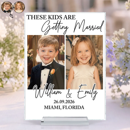 Custom engagement acrylic plaque gift featuring funny childhood couple photo print for wedding