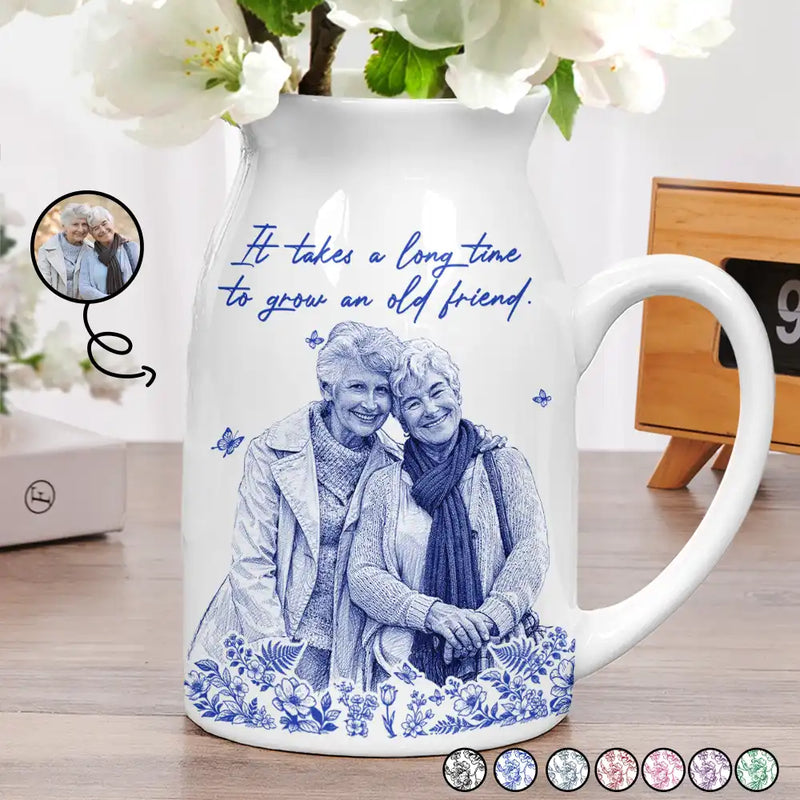 “It Takes A Long Time To Grow An Old Friend” Personalized Ceramic Vase - Custom Photo Pencil Sketch Art