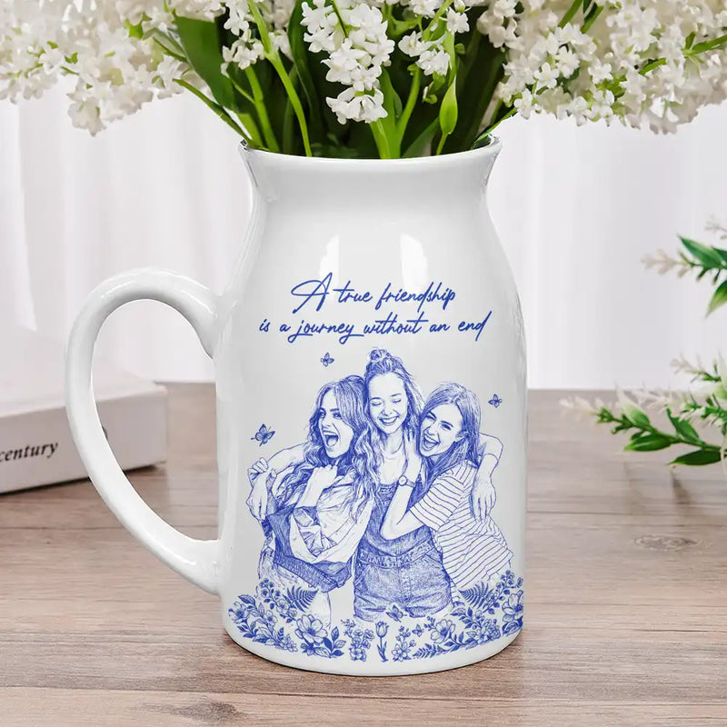 “It Takes A Long Time To Grow An Old Friend” Personalized Ceramic Vase - Custom Photo Pencil Sketch Art