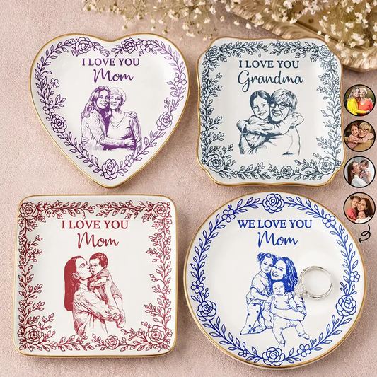 “I Love You” Custom Photo Pencil Sketch Ring Dish - Personalized Gift for Mom & Grandma