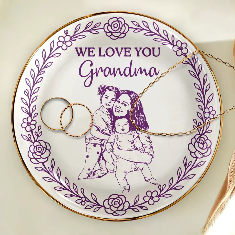 “I Love You” Custom Photo Pencil Sketch Ring Dish - Personalized Gift for Mom & Grandma