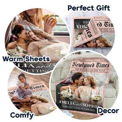 Custom photo wedding blanket with newspaper headline layout for newlyweds photo gift image 7