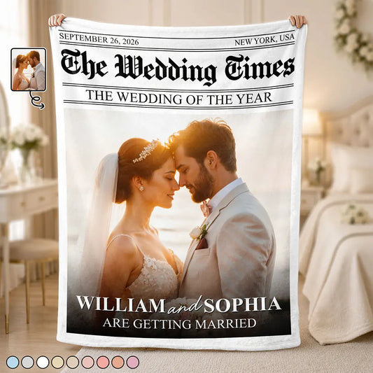 Custom photo wedding blanket with newspaper headline layout for newlyweds photo gift