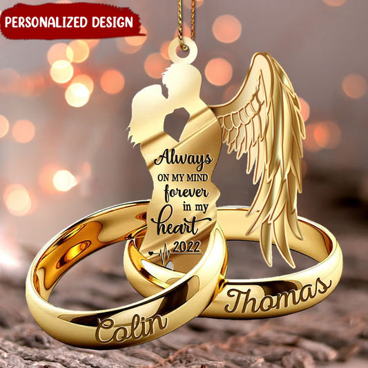 Personalized memorial acrylic ornament with angel wings and custom names for husband or wife