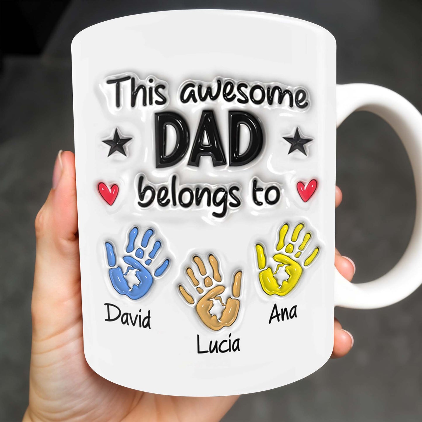 “This Awesome Dad Belongs To” Personalized Coffee Mug - Hands, Heart & Star Design