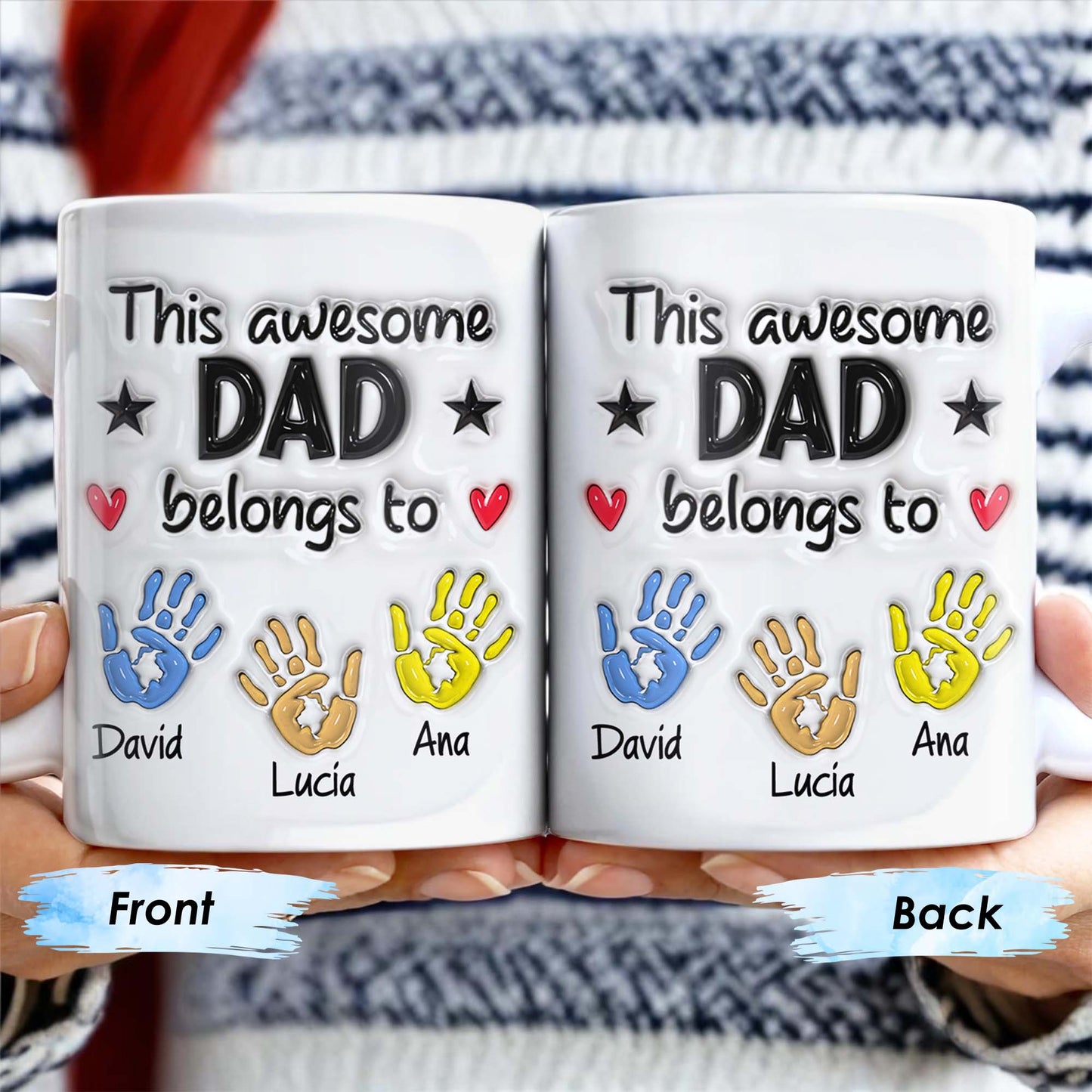 “This Awesome Dad Belongs To” Personalized Coffee Mug - Hands, Heart & Star Design