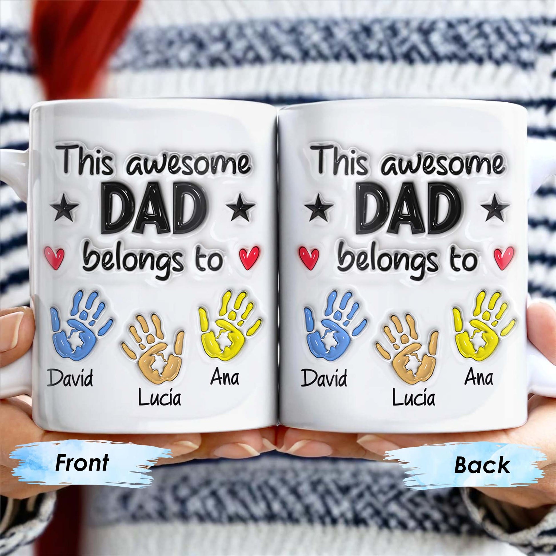 “This Awesome Dad Belongs To” Personalized Coffee Mug - Hands, Heart & Star Design