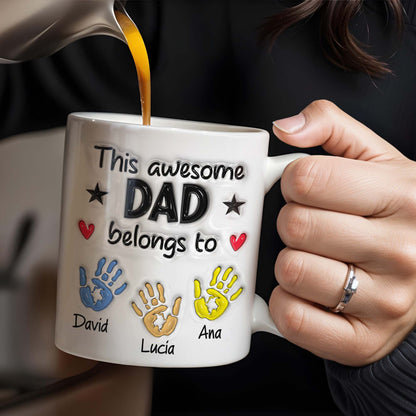 “This Awesome Dad Belongs To” Personalized Coffee Mug - Hands, Heart & Star Design