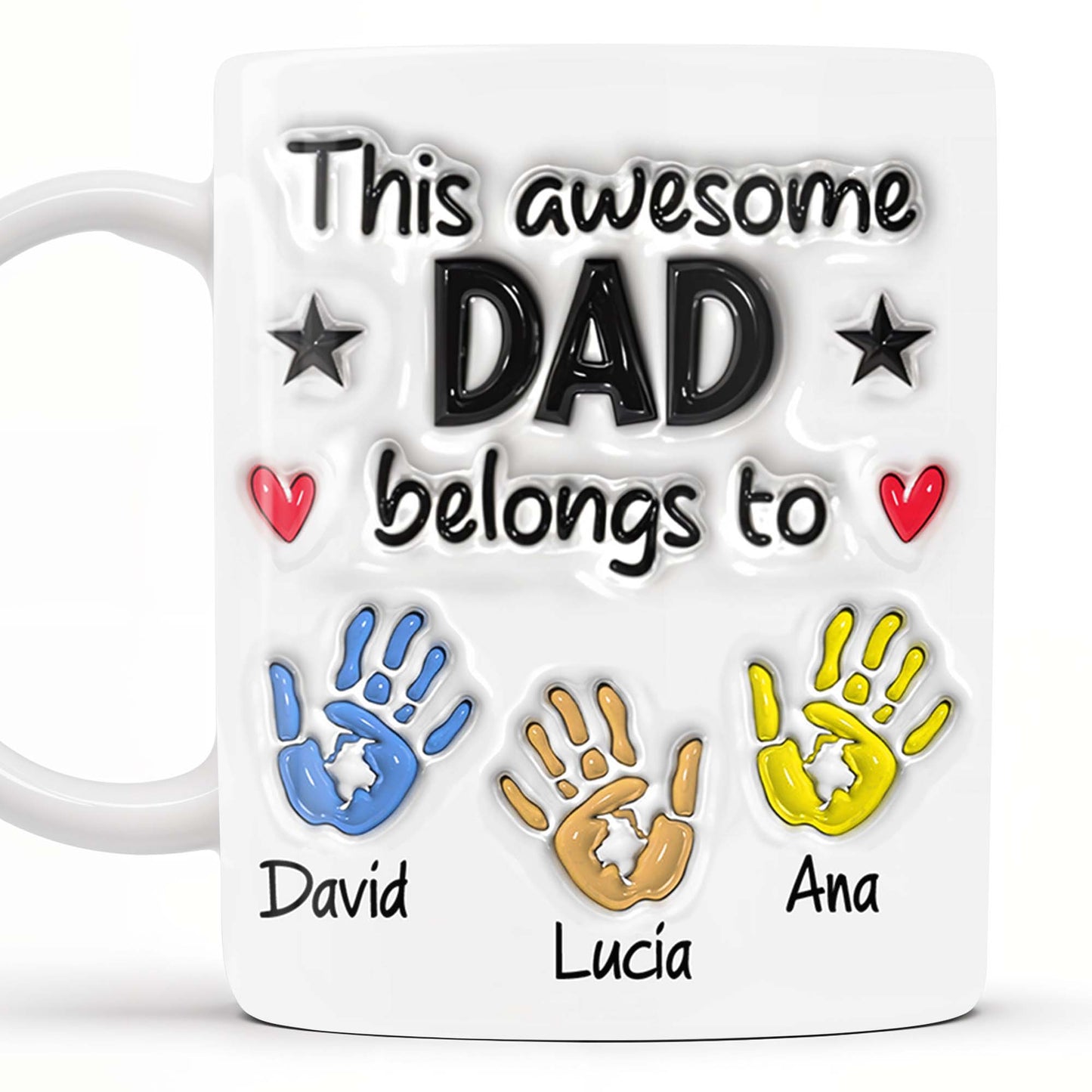 “This Awesome Dad Belongs To” Personalized Coffee Mug - Hands, Heart & Star Design
