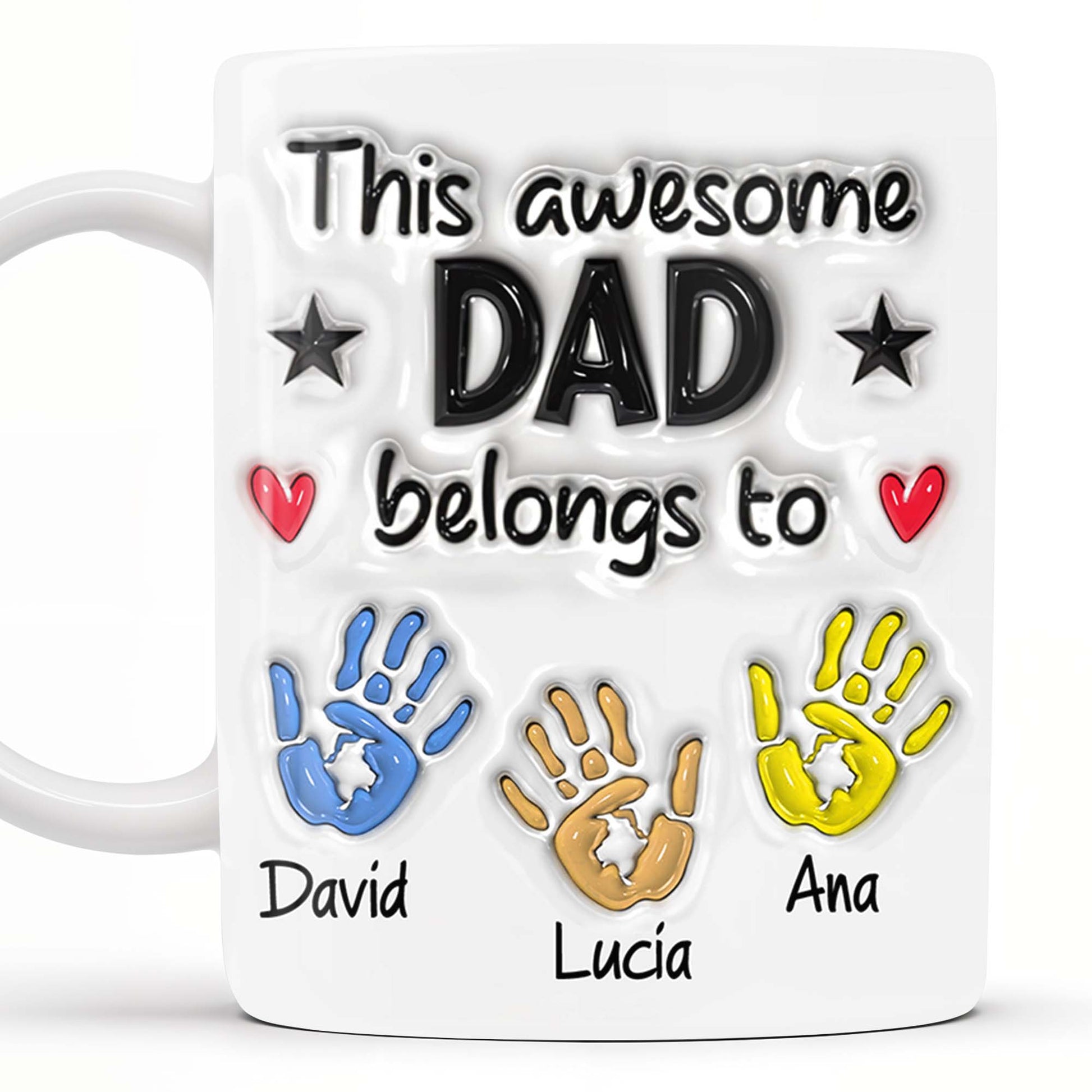 “This Awesome Dad Belongs To” Personalized Coffee Mug - Hands, Heart & Star Design