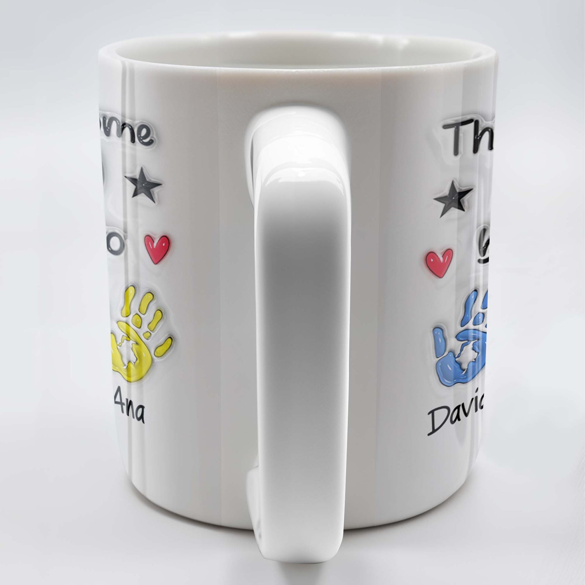 “This Awesome Dad Belongs To” Personalized Coffee Mug - Hands, Heart & Star Design