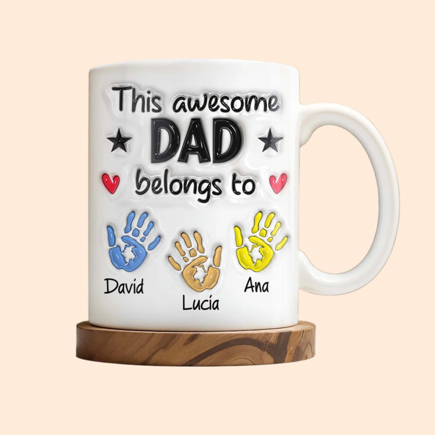 “This Awesome Dad Belongs To” Personalized Coffee Mug - Hands, Heart & Star Design