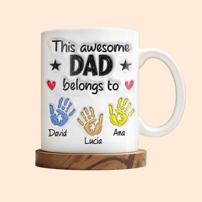 “This Awesome Dad Belongs To” Personalized Coffee Mug - Hands, Heart & Star Design