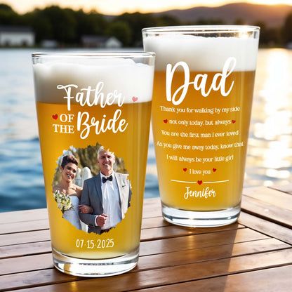 Personalized father of the bride beer glass with a custom wedding photo and message for dad