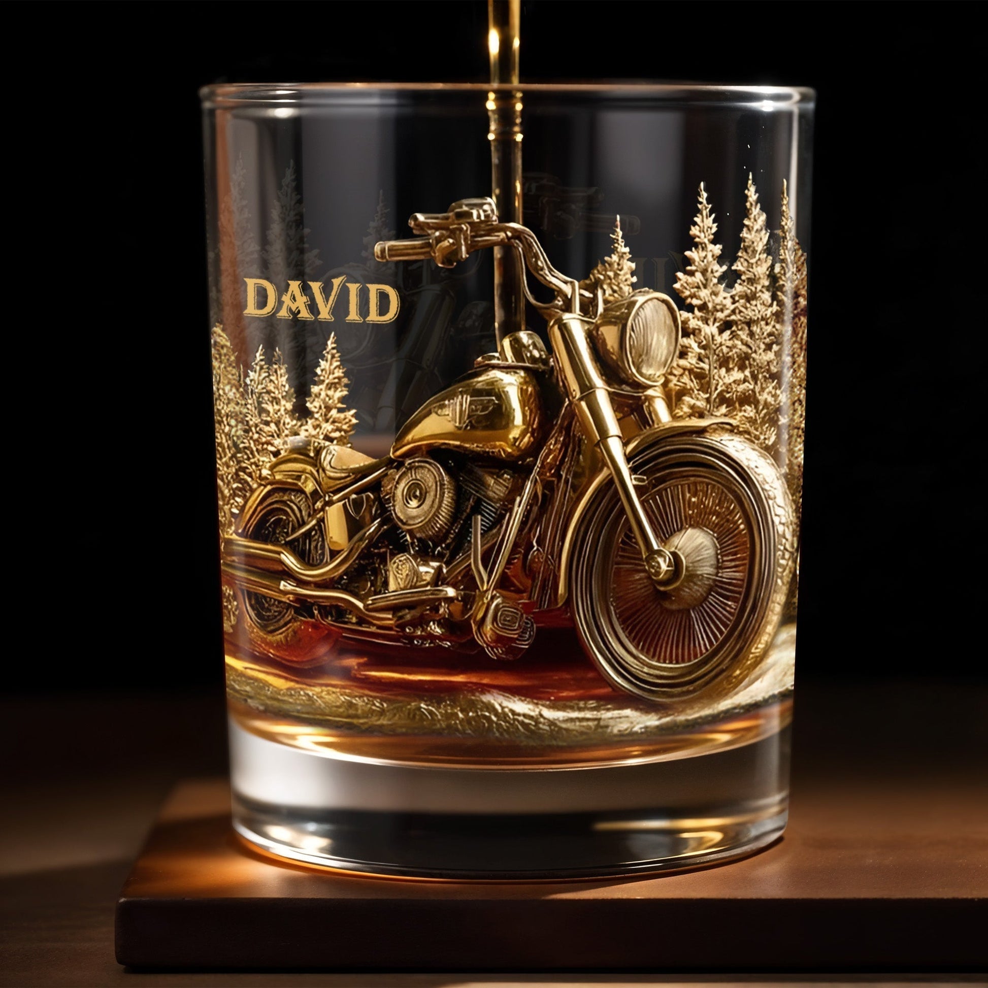 Personalized motorcycle whiskey glass with custom name David and golden bike design for riders