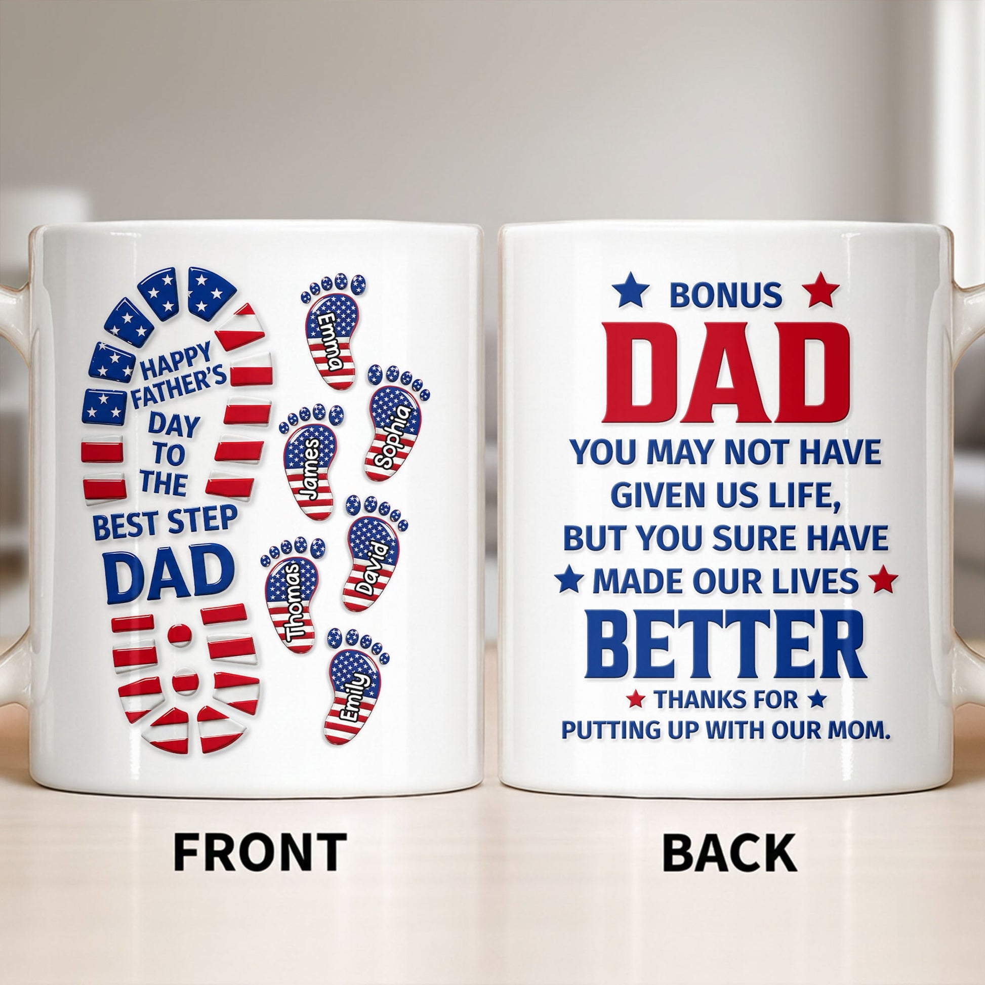 Personalized bonus dad mug with American flag footprints design and custom names for a stepdad Father's Day gift image 10