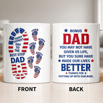 Personalized bonus dad mug with American flag footprints design and custom names for a stepdad Father's Day gift image 10