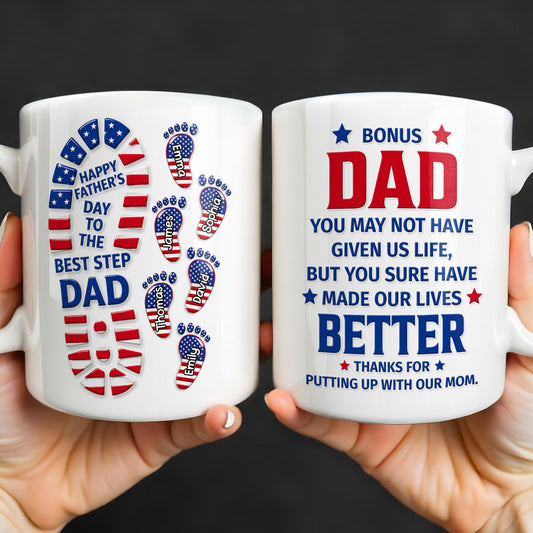 Personalized bonus dad mug with American flag footprints design and custom names for a stepdad Father's Day gift