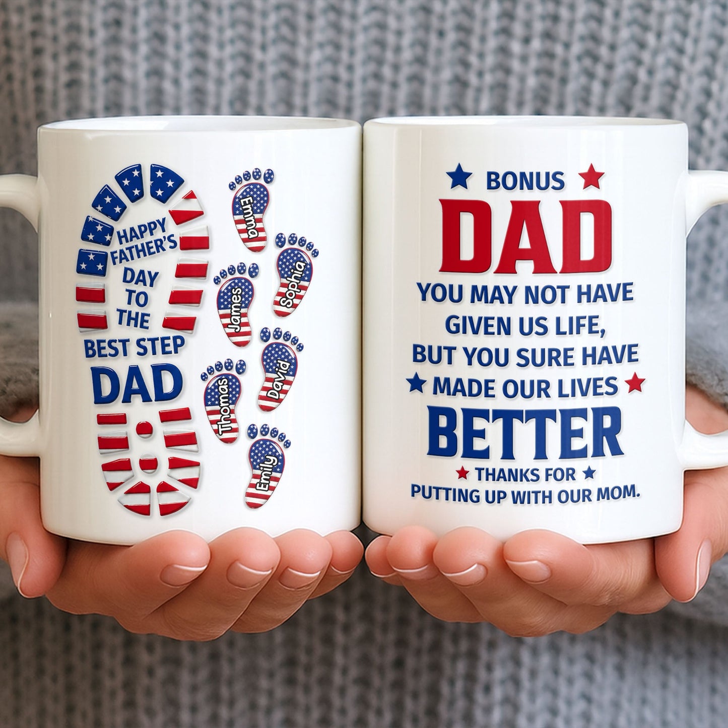 Personalized bonus dad mug with American flag footprints design and custom names for a stepdad Father's Day gift image 6