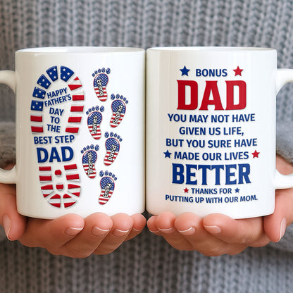 Personalized bonus dad mug with American flag footprints design and custom names for a stepdad Father's Day gift image 6
