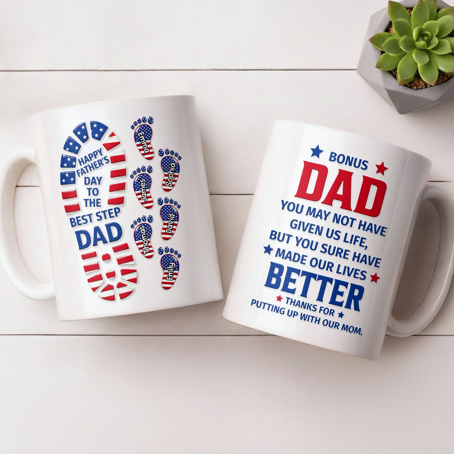 Personalized bonus dad mug with American flag footprints design and custom names for a stepdad Father's Day gift image 7