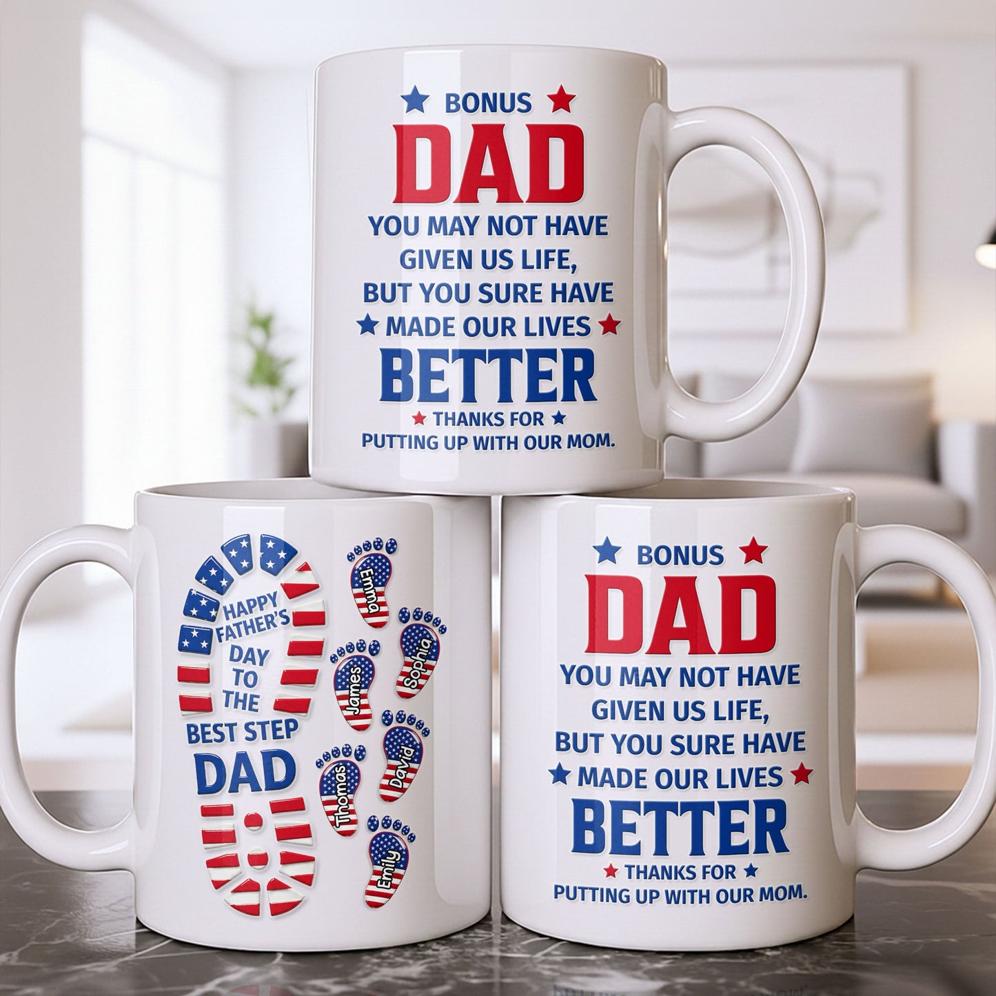 Personalized bonus dad mug with American flag footprints design and custom names for a stepdad Father's Day gift image 8