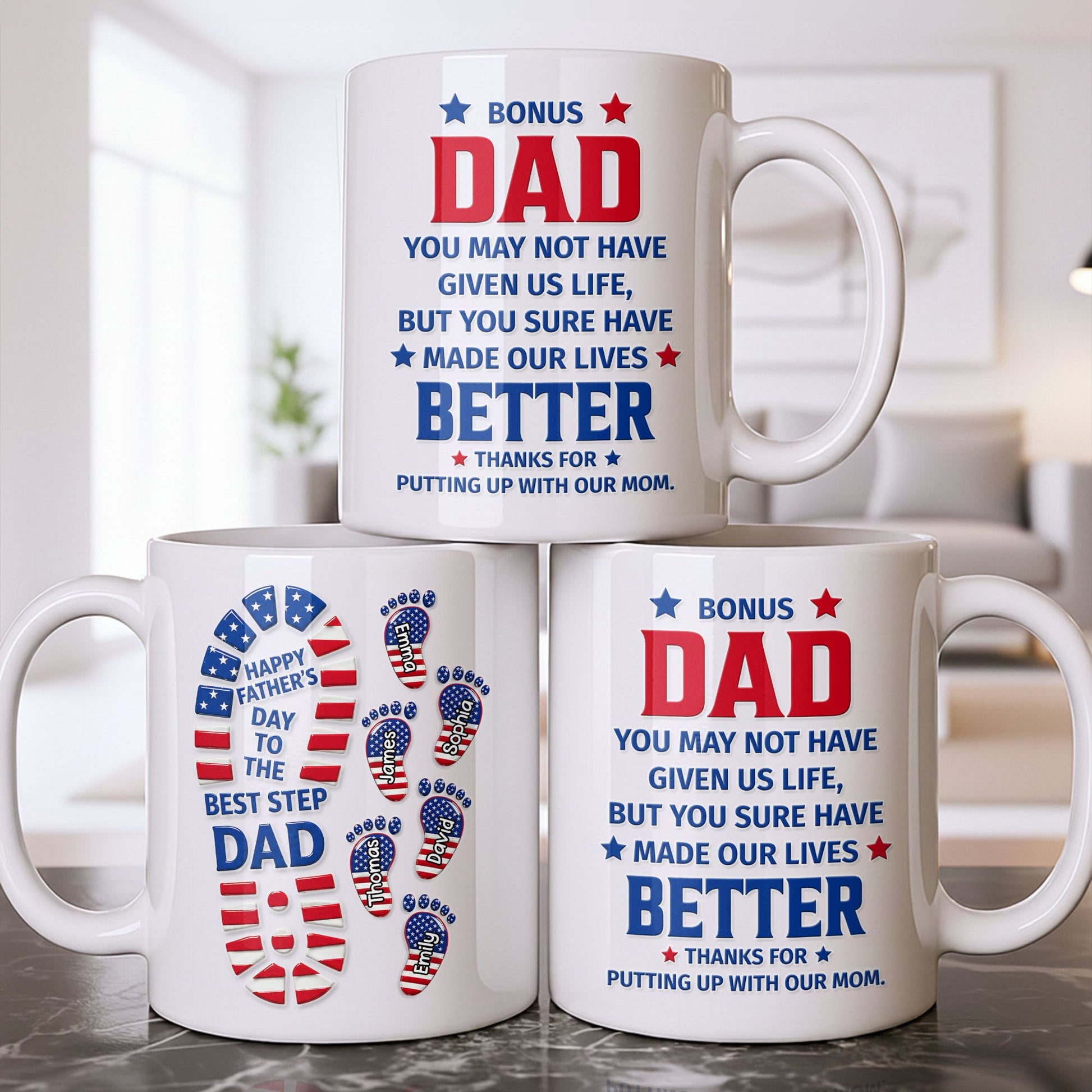 Personalized bonus dad mug with American flag footprints design and custom names for a stepdad Father's Day gift image 8