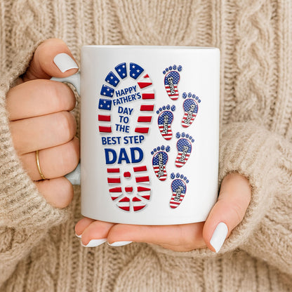 Personalized bonus dad mug with American flag footprints design and custom names for a stepdad Father's Day gift image 9