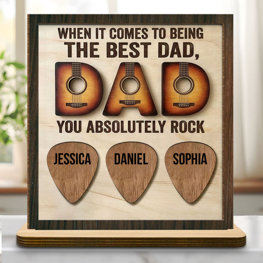 Personalized Best Dad Wood Plaque with custom guitar picks for kids' names - unique Father's Day gift