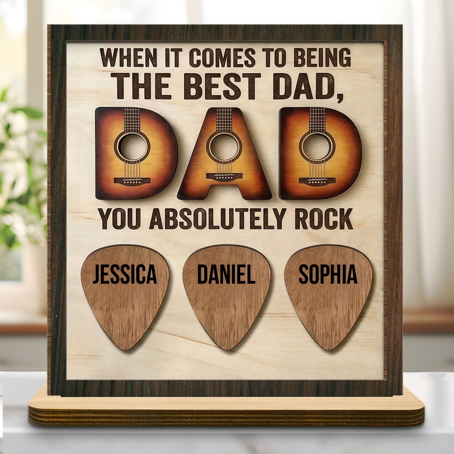 Personalized Best Dad Wood Plaque with custom guitar picks for kids' names - unique Father's Day gift