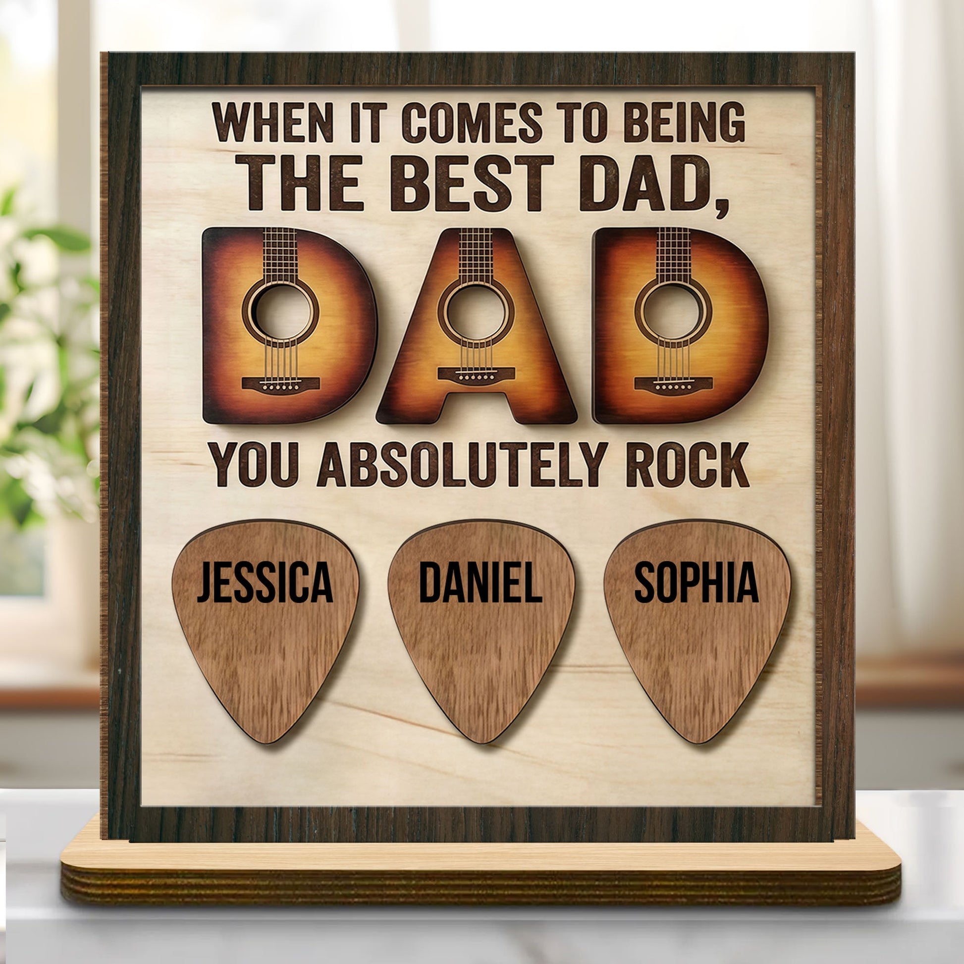 Personalized Best Dad Wood Plaque with custom guitar picks for kids' names - unique Father's Day gift