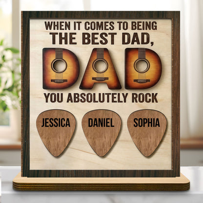 Personalized Best Dad Wood Plaque with custom guitar picks for kids' names - unique Father's Day gift