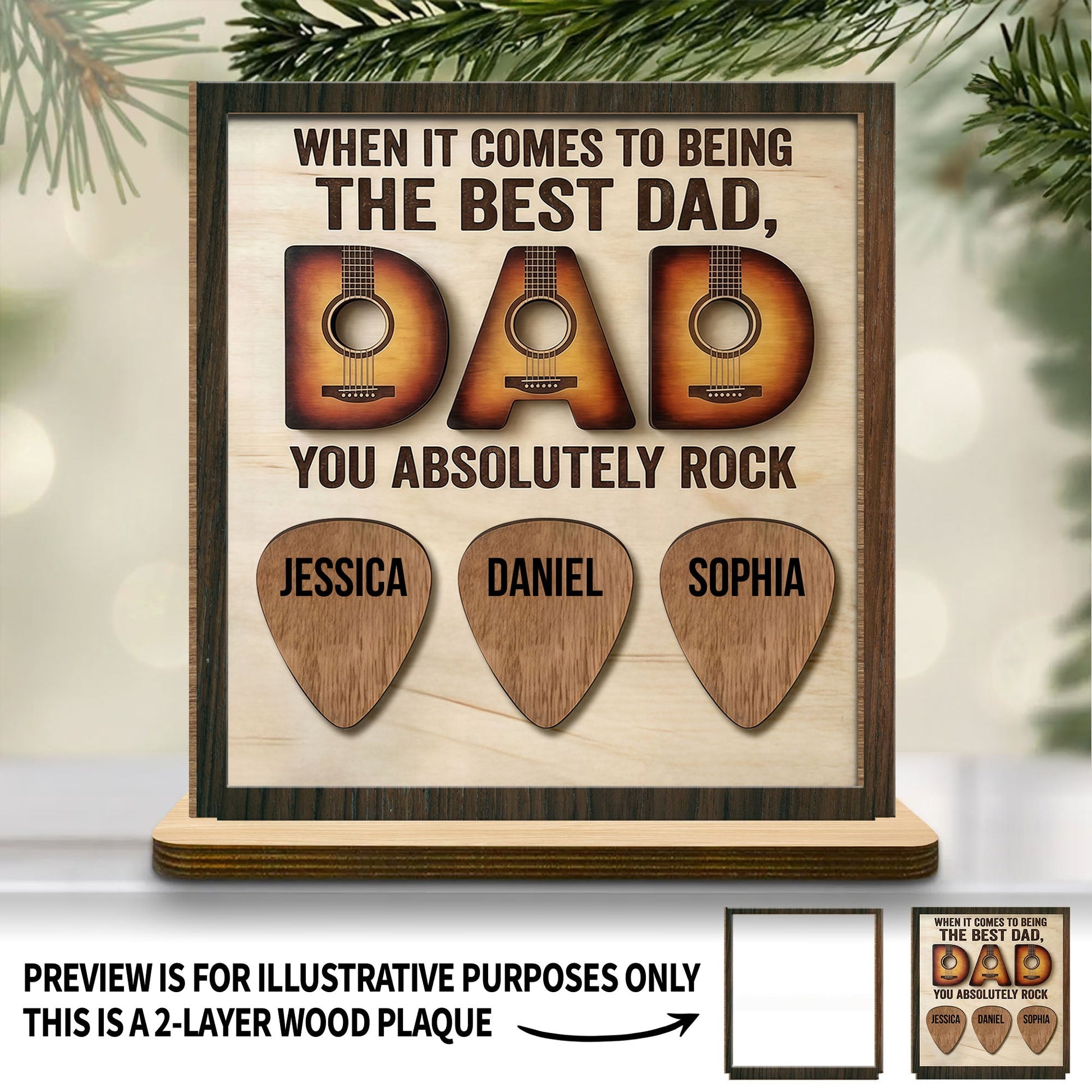 Personalized Best Dad Wood Plaque with custom guitar picks for kids' names - unique Father's Day gift image 6