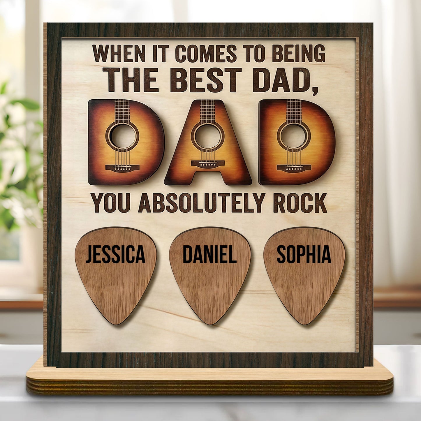 Personalized Best Dad Wood Plaque with custom guitar picks for kids' names - unique Father's Day gift image 7
