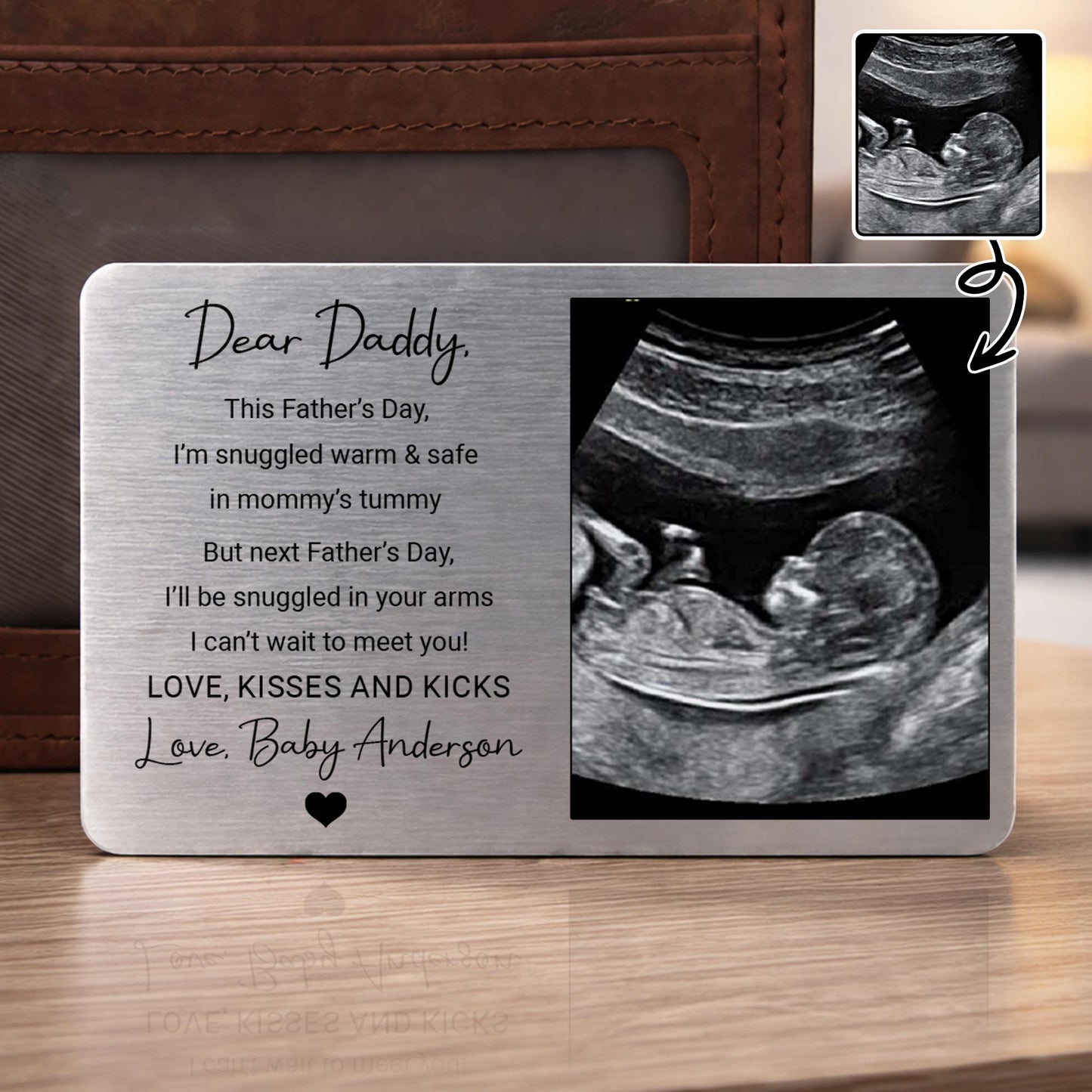 Personalized ultrasound wallet card for dad featuring a custom baby sonogram and Dear Daddy quote.