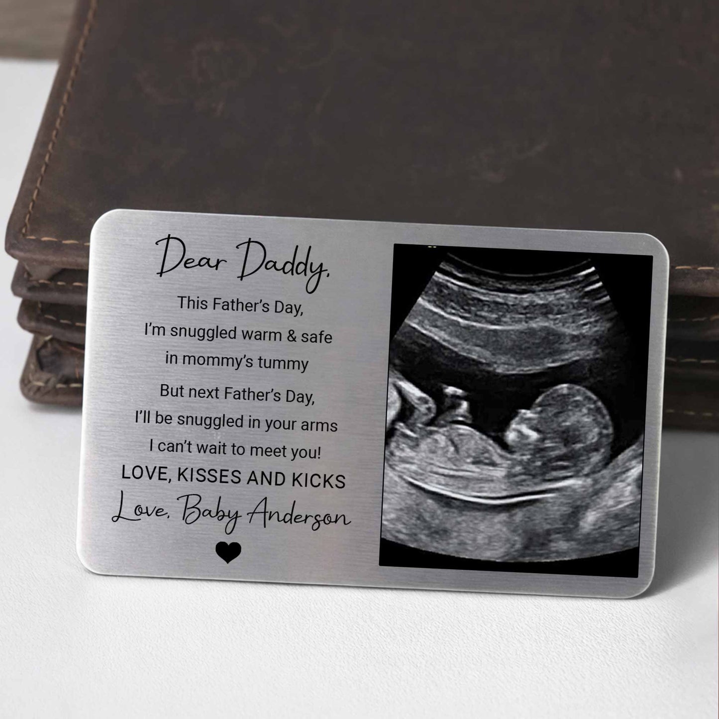 Personalized ultrasound wallet card for dad featuring a custom baby sonogram and Dear Daddy quote. image 6