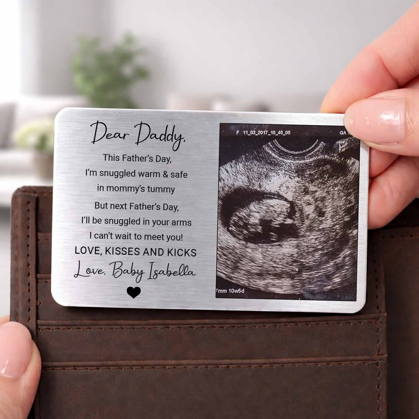 Personalized ultrasound wallet card for dad featuring a custom baby sonogram and Dear Daddy quote. image 7