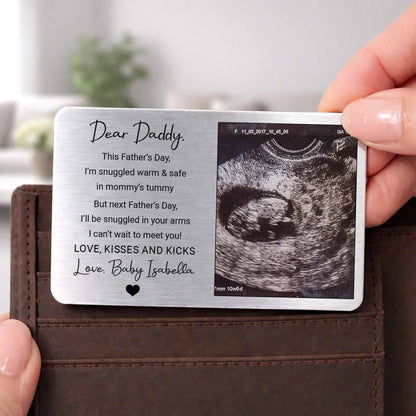 Personalized ultrasound wallet card for dad featuring a custom baby sonogram and Dear Daddy quote. image 7