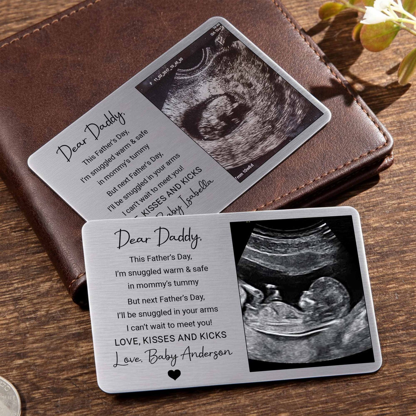 Personalized ultrasound wallet card for dad featuring a custom baby sonogram and Dear Daddy quote. image 8