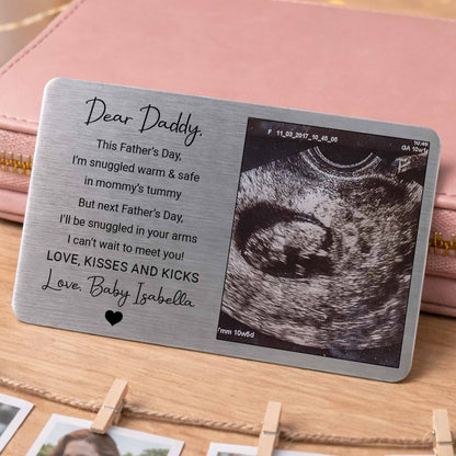 Personalized ultrasound wallet card for dad featuring a custom baby sonogram and Dear Daddy quote. image 9