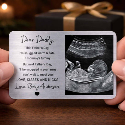 Personalized ultrasound wallet card for dad featuring a custom baby sonogram and Dear Daddy quote. image 10