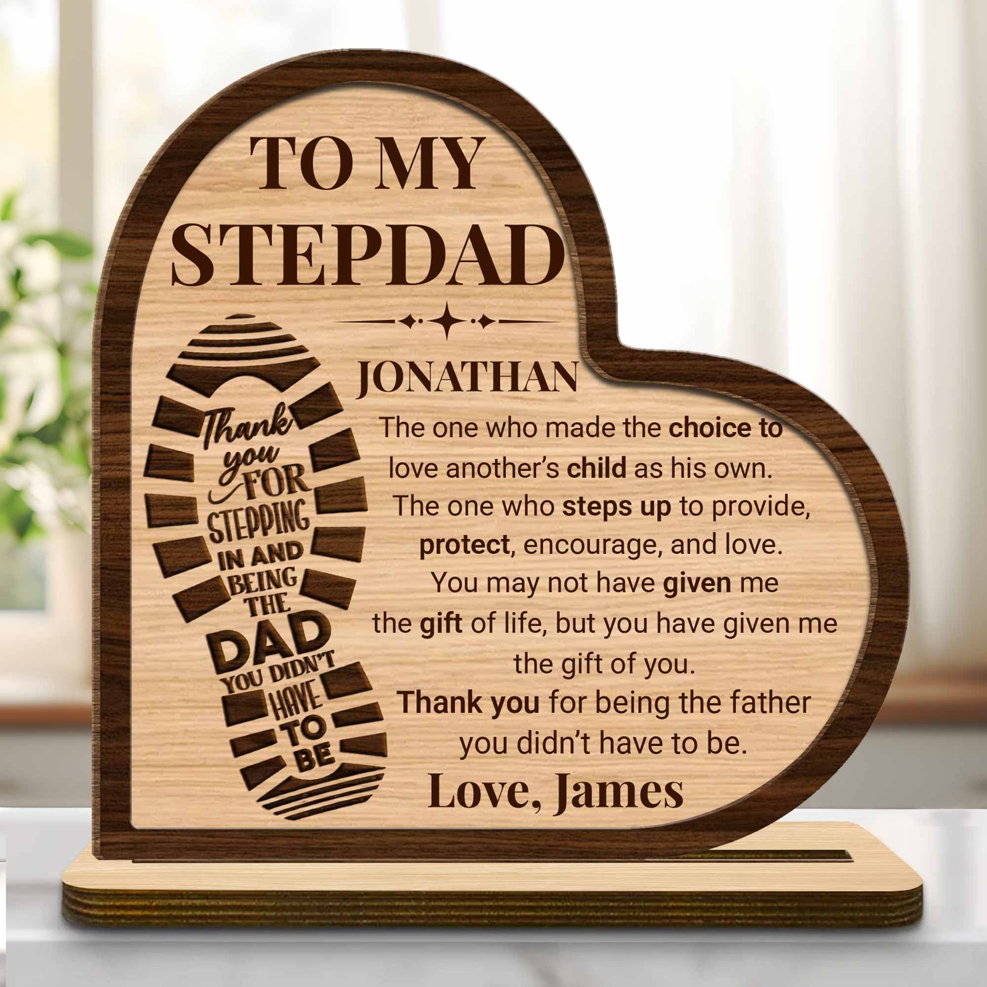 Personalized Stepdad wood plaque with heart boot print and thank you message - custom desk decor gift