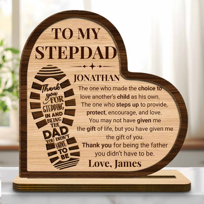 Personalized Stepdad wood plaque with heart boot print and thank you message - custom desk decor gift