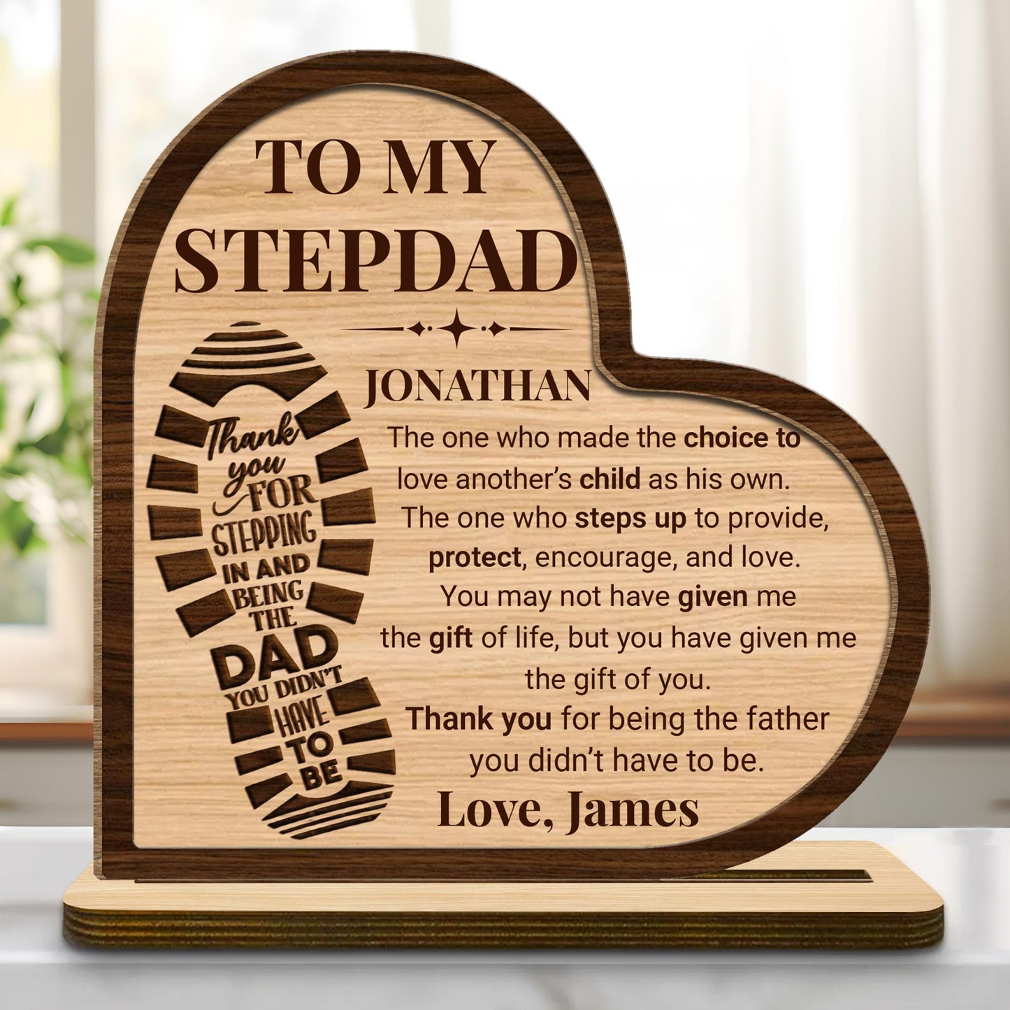 Personalized Stepdad wood plaque with heart boot print and thank you message - custom desk decor gift image 7