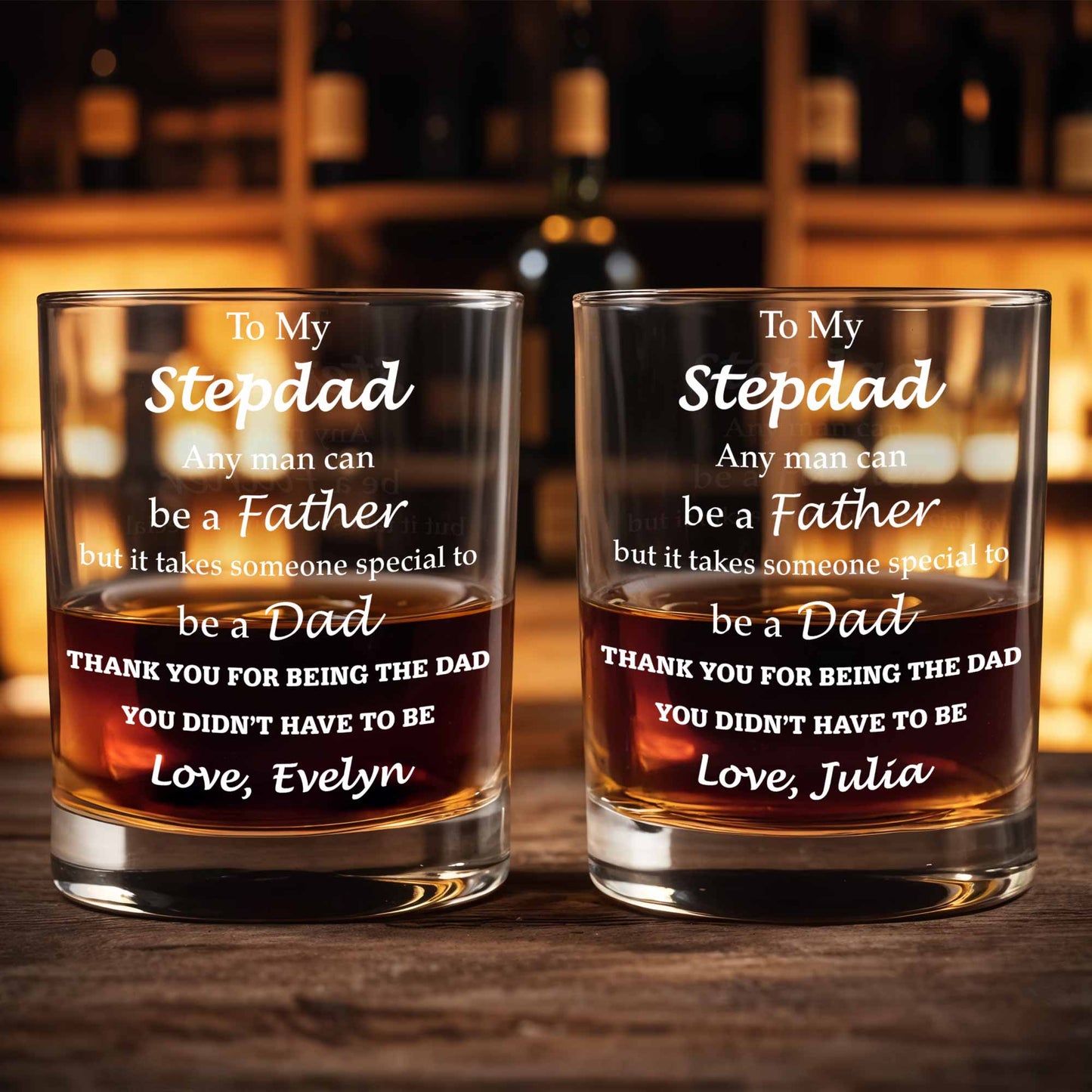 Personalized Stepdad Whiskey Glass personalization view for Stepmom / Stepdad